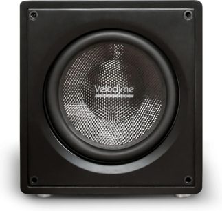 Velodyne VI-Q 12 subwoofer i sort set forfra, kvadratisk kabinet og centralt højttalerelement med tekstureret metalmembran