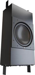 Caisson de basses encastrable Perlisten R18is, noir mat, haut-parleur frontal, supports métalliques, vue de trois quarts