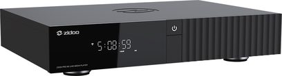 Lettore multimediale Z3000 Pro nero, vista prospettica, parte anteriore con schermo digitale, pulsante di accensione, piedini circolari