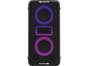 Enceinte bluetooth portátil Klipsch Miami, vista frontal, grade preta, 2 círculos luminosos roxo e rosa, 1 retângulo luminoso central