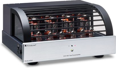 Amplificatore di potenza PrimaLuna EVO 400 argento, vista frontale, griglia nera, 8 valvole luminose rosse, pannello frontale argentato
