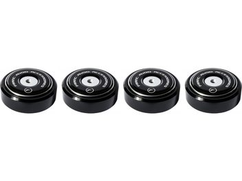Vier schwarze kreisförmige Franc Audio Accessories Ceramic Disc Slim Füße, Aufsicht auf weißem Hintergrund