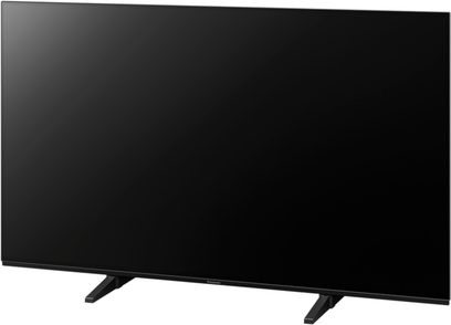 Panasonic TX-48JZ980E fladskærms-TV, sort skærm slukket, set forfra, stående på to sorte V-formede fødder