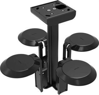 Supporto da soffitto nero per diffusori, composto da una base rettangolare e quattro bracci articolati con supporti circolari