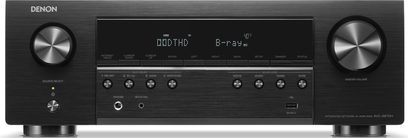 Denon AVC-S670H hjemmebiograf-forstærker, sort aluminium frontpanel, blåt display, sølvfarvede knapper