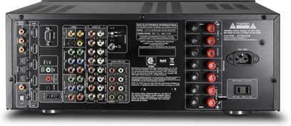 NAD T757 sort hjemmebiografsforstærker, set forfra, sort front med knapper, stik, display og logo, i metal eller plastik
