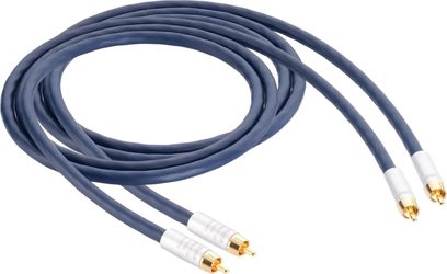 Cablu audio analogic RCA Inakustik Connect 212 Audio RCA 1,5 m albastru închis învelit în PVC, conectori masculi aurii cu manșoane metalice argintii, bobinat vedere de sus