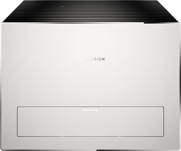 Valerion StreamMaster Plus 2 projector, matte white plastic casing, top view, sleek upper cover with centered logo, black ventilation grille at the back, and recessed rectangular hatch near the front edge