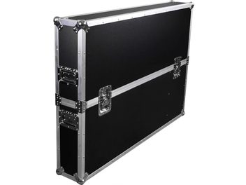Musta Power Acoustics Flight écran 50 SR -kuljetuslaatikko näytölle, hopeanvärisillä vahvikkeilla ja upotetuilla kahvoilla