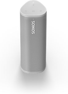 Sonos Roam Lunar White speaker, front view, elongated cylindrical shape, metal grille covering most of the surface