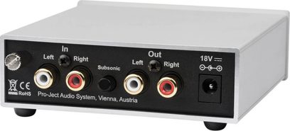 Pro-Ject Phono Box S2 sort forforstærker, frontvisning, med RCA-stik, subsonic-kontakt og 18V-vælger