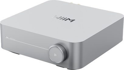 Ενισχυτής hi-fi στερεοφωνικός WiiM AMP silver με ορθογώνια θήκη και στρογγυλεμένες γωνίες, κυκλικό κουμπί στην πρόσοψη