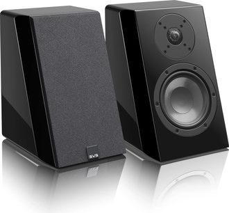 To sorte lakerede SVS Ultra Elevation Dolby Atmos-højttalere i trapezform på en reflekterende overflade