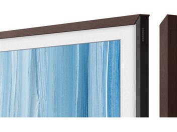 Walnut-finish frame for Samsung The Frame TV, angled view with side profile and separate trim strip