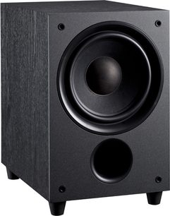 Subwoofer Davis Acoustics Sub Maya černý, pohled zepředu, uprostřed černý kruhový reproduktor, matně černá krychlová skříň