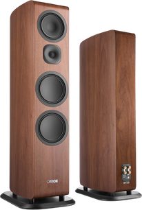 Canton Vento 101 floorstanding speaker in walnut, front and rear view, dark wood finish with four black speakers