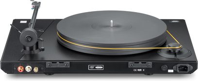 Tocadiscos de vinilo Mofi Electronics UltraDeck + M negra, vista trasera, plato macizo, brazo de lectura y correa amarilla