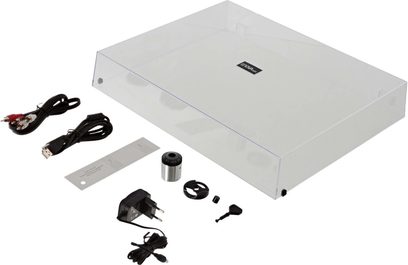 Hi-fi pladespiller Enova HIFI Vision 4 USB i mørk valnød, rektangulært lys gråt kabinet, sorte tilbehør, set oppefra