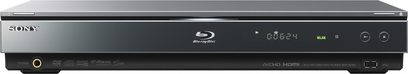 Sony BDP-S760 4K Blu-ray-afspiller, set forfra, sort front med blåt LED-display, knapper og diskskuffe, USB-port på forsiden