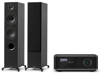 Pair of black Elipson floorstanding speakers with matching network audio player, front and three-quarter view