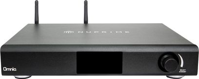 Amplificatore hi-fi stereo Nuprime Omnia A-200 nero opaco, compatto, minimalista, vista dall'alto e dal retro