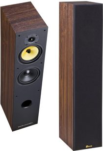 Davis Acoustics Maya højttaler i valnøddetræ, mørkt træ, sorte højttalere, lodret rektangulær form