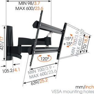Drejelig og vippelig vægbeslag til fladskærm i sort fra Vogel's WALL 3350, min. mål 100/3,9 max 600/23,6 mm/tommer, rotation 120°, vipning +15°/-15°