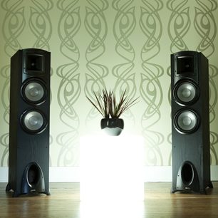 To sorte Klipsch Synergy F-30 gulvhøjtalere, set forfra, på en baggrund af grønt mønstret tapet, med en vase imellem dem