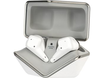 Cuffie wireless Hifiman Svanar Wireless Jr, auricolari bianchi in una custodia aperta, vista frontale, interno grigio, testo "Amplificatore Integrato"