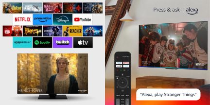 Écran plat affichant séries et films, logos de services de streaming, télécommande noire, lampe suspendue, meuble en bois