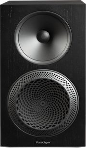 Diffusore da scaffale Paradigm Premier 220B v2 nero vista frontale con altoparlante superiore e ampia griglia circolare inferiore