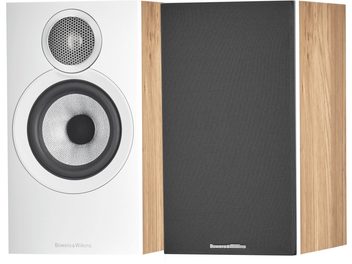 Altavoz de estantería Bowers & Wilkins 607 S3, gabinete de roble claro, panel frontal negro, altavoces expuestos