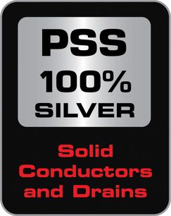 Rektangulær sort og grå etiket "PSS 100% SILVER Solid Conductors and Drains" på sort baggrund