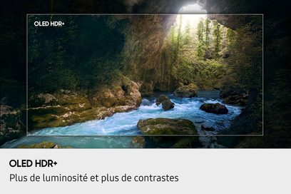 Obdélníkový rámeček simulující plochý OLED HDR+ displej, tenký šedý okraj viděný zepředu, zobrazující scénu tyrkysové řeky v zelenkavé jeskyni osvětlené horním otvorem