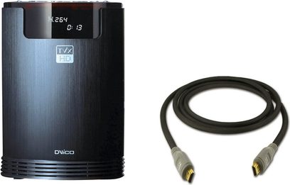 Odtwarzacz sieciowy AV Dvico TVIX7000 500 GB czarny, wyświetlacz LCD, kabel HDMI, białe tło, widok z przodu