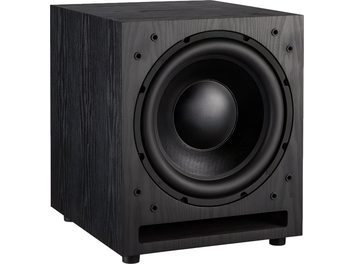 Caisson de grave Davis Acoustics Basson 777 svart, trekasse med årer, stor frontmontert høyttaler og spaltebassrefleks, 3/4-visning