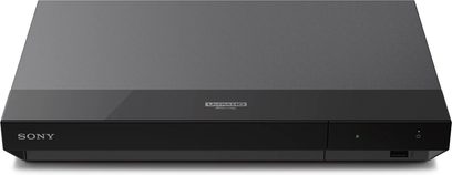 Sony UBP-X700K 4K Blu-ray-spiller svart med glatt front, Ultra HD-logo, av/på-knapp og synlig USB-port