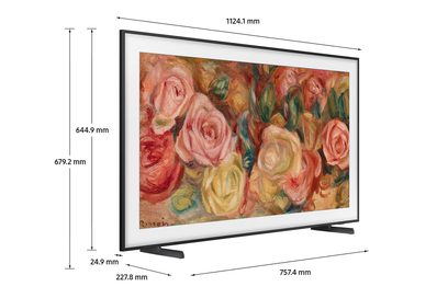 Samsung TQ50LS03D 2024 tv, der viser et maleri af røde, lyserøde og gule roser på en abstrakt brun og grøn baggrund