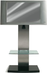 Tv-møbel i metal og glas, sort struktur, 2 glashylder, fladskærm, set forfra