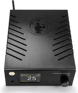 Gold Note DS-10 Plus sort netværksaudioafspiller, frontvisning, indgraveret logo på toppen, LED-display, kontrolknapper