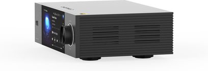 Мережевий аудіоплеєр EverSolo DMP-A6 Gen 2, вид у перспективі, прямокутний корпус, чорна передня панель з кольоровим дисплеєм та круглим кнопкою, рифлені боки, круглі ніжки