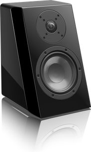 SVS Ultra Elevation högtalare med Dolby Atmos i svart lackerad finish sedd framifrån, med synlig bashögtalare och diskant