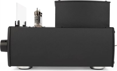 Preamplificador de auriculares Auris Audio Minuet negro, vista lateral con válvula visible y carcasa superior texturizada