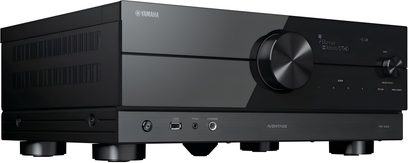 AV receiver Yamaha RX-A2A černý, pohled zepředu, čelní panel s tlačítky a ovládacím kolečkem, LED displej, USB porty a YPAO