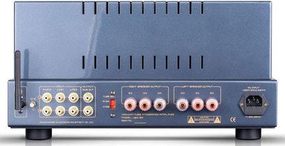 Cayin Jazz 90 KT88 rørforstærker, blåt metalchassis, bagudvendt visning med RCA, højttalerterminaler og IEC-stik