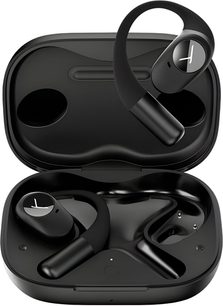 Beyerdynamic Amiron 200 öronsnäckor i matt svart plast med öronkrokar, i ett öppet laddningsetui, vy uppifrån