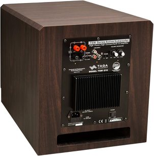 Mørk træ Taga Harmony TSW-210 baskabinettet med sort front, højttaler, knapper og stik på bagsiden