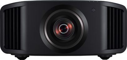 JVC DLA-N5 sort videoprojektor, frontvisning, centreret linse omgivet af sorte gitre, afrundet form