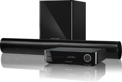 Harman Kardon BDS 670 sort soundbar, set forfra og fra siden, med indbygget subwoofer og display