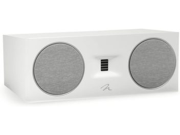 Centrálny reproduktor MartinLogan Motion C10 v bielom lesklom prevedení s 2 sivými kruhovými mriežkami a čiernym obdĺžnikovým výškovým reproduktorom v strede